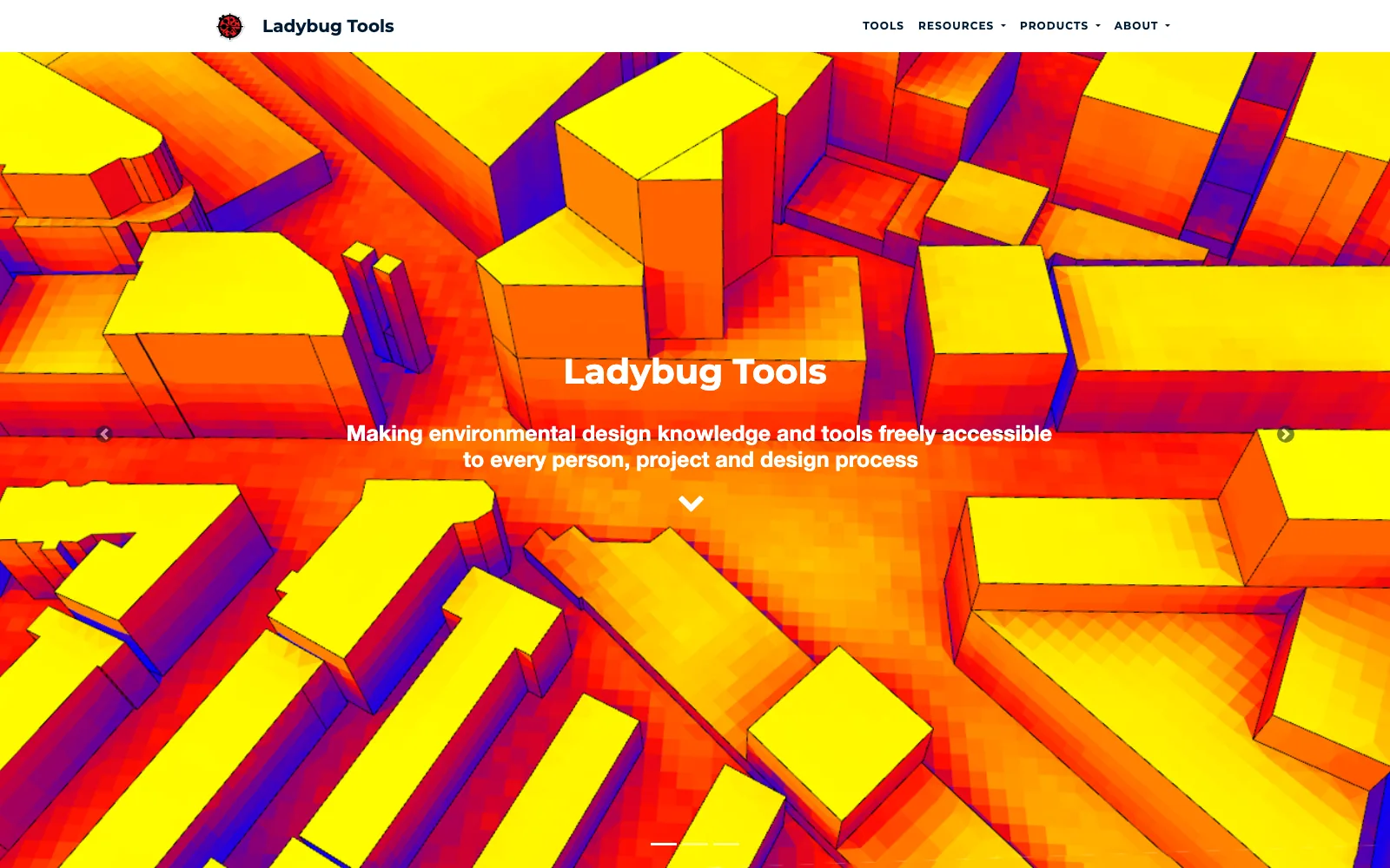 Ladybug Tools home page with a colored solar radiation study mapped onto a cluster of building masses