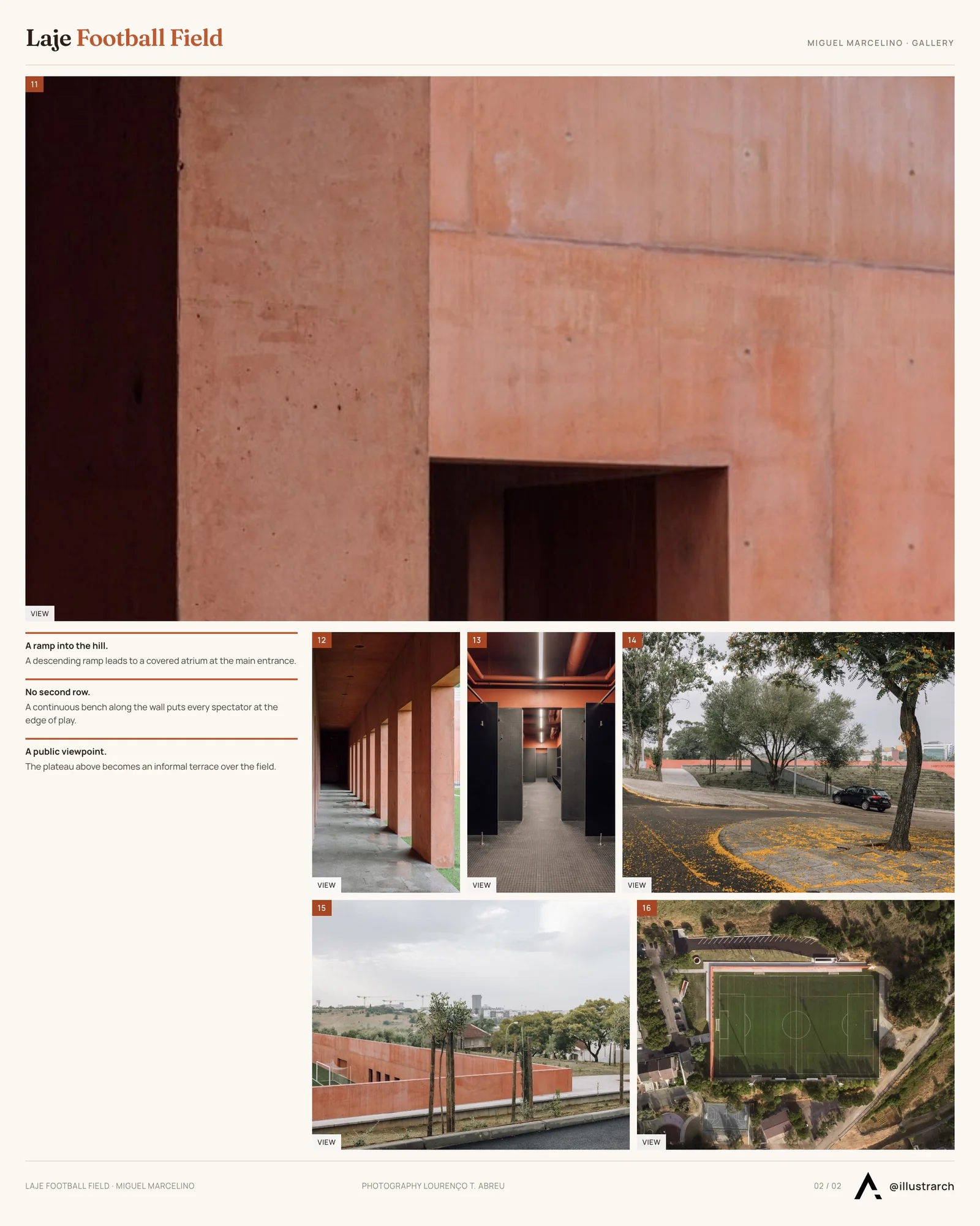 Second presentation board sheet for Laje Football Field by Miguel Marcelino, laying out the project drawings and images on one page