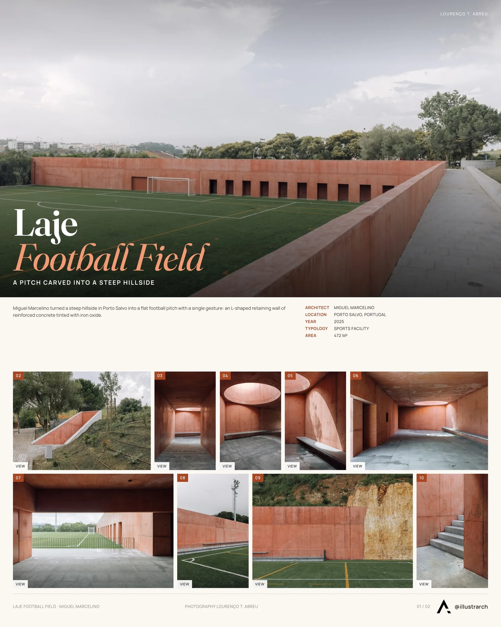 Presentation board cover for Laje Football Field by Miguel Marcelino, with the lead image, project summary and a grid of photographs and drawings