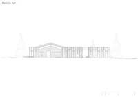 East elevation of the pitched roof snack bar flanked by the timber frame of the changing block, Lake House Völs by NOA