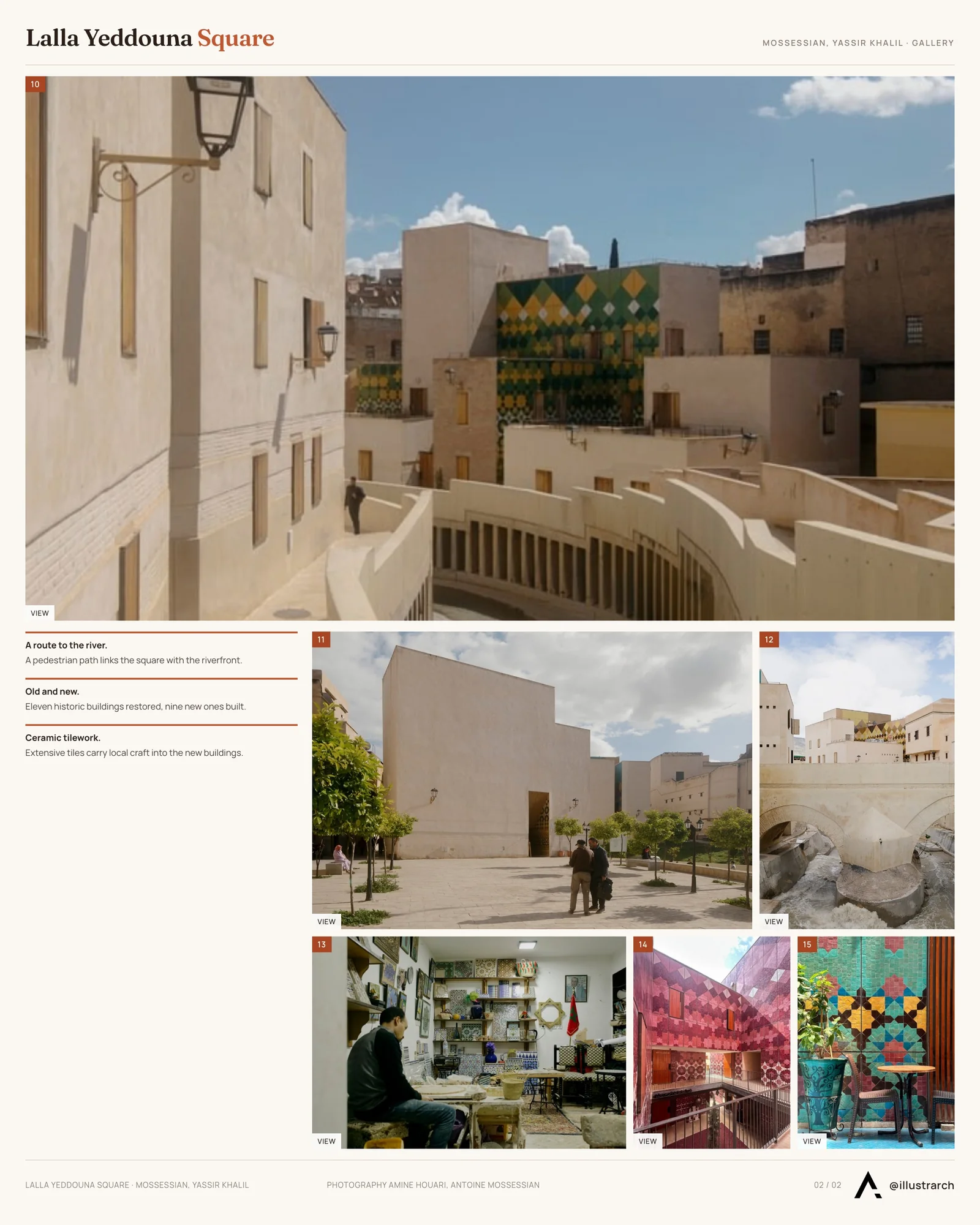 Second presentation board sheet for Lalla Yeddouna Square Revitalization by Mossessian Architecture & Yassir Khalil Studio, laying out the project drawings and images on one page