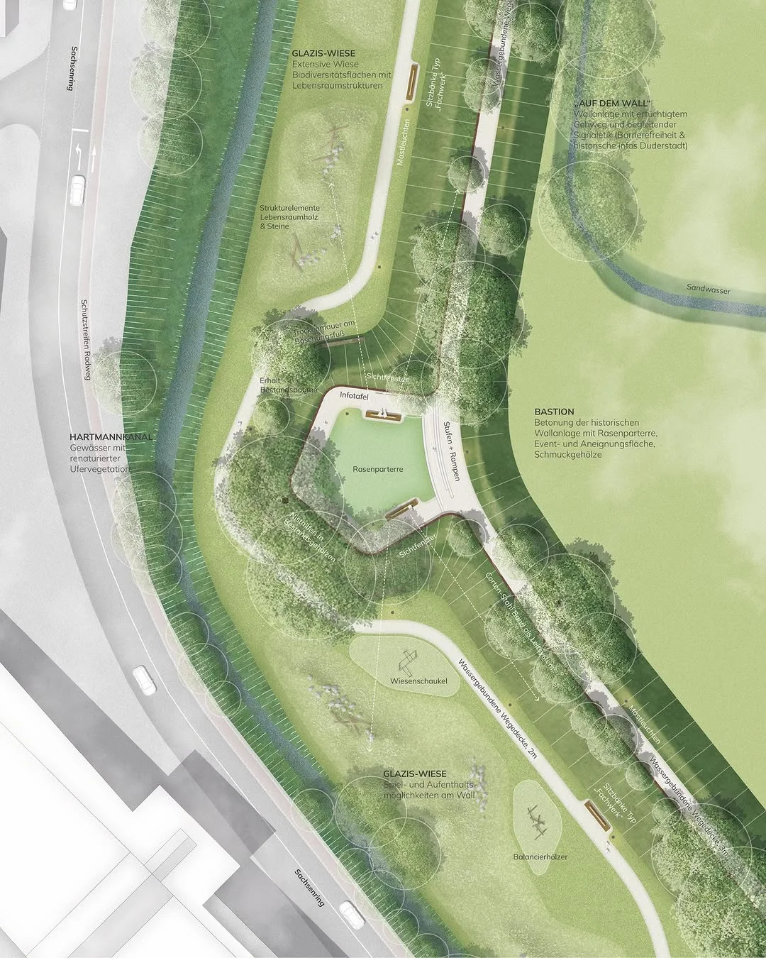 Landscape masterplan for a garden show competition with a winding public park path, meadows and a water basin along the river