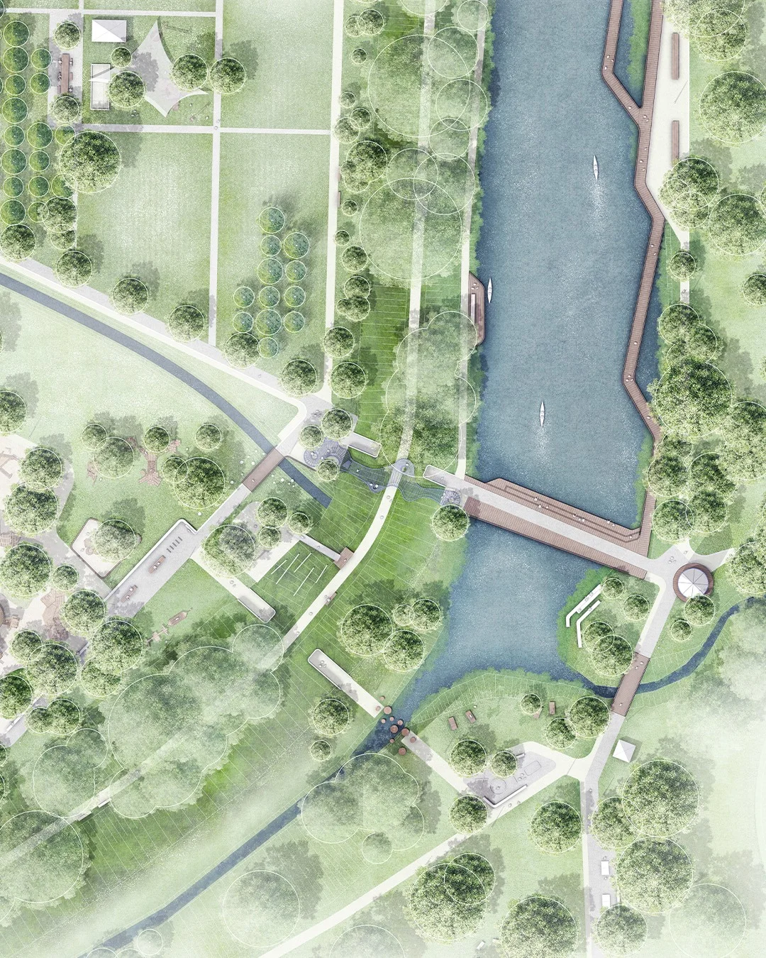 Watercolor style aerial render of a riverside park with a pedestrian bridge and planted paths