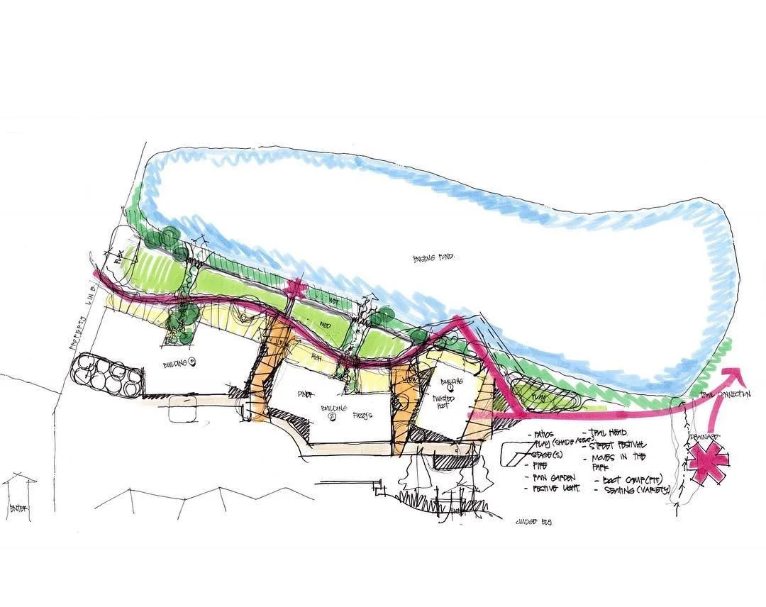 Pastel colored landscape plan sketch with a pond, planted edges and a pink winding path