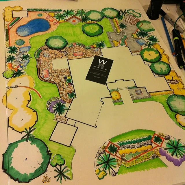 Hand colored garden masterplan in progress around a house, laying out pool, lawn, planting beds and paths in one drawing