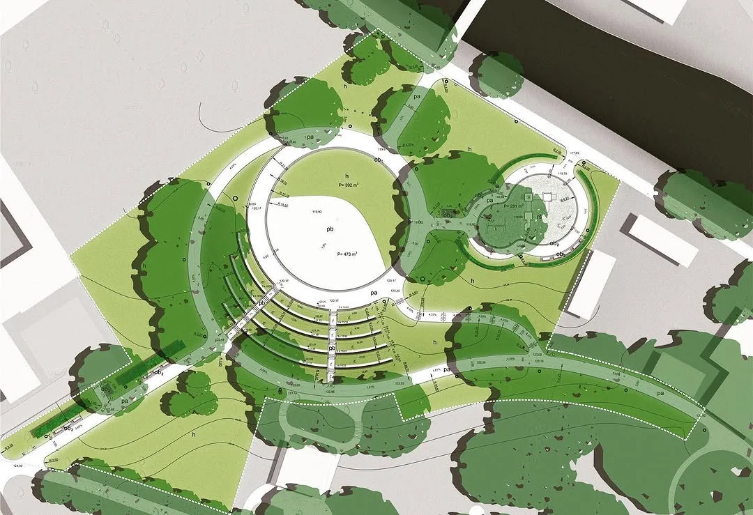 Aerial rendered park plan with a circular plaza, stepped seating and paths woven between existing tree canopies
