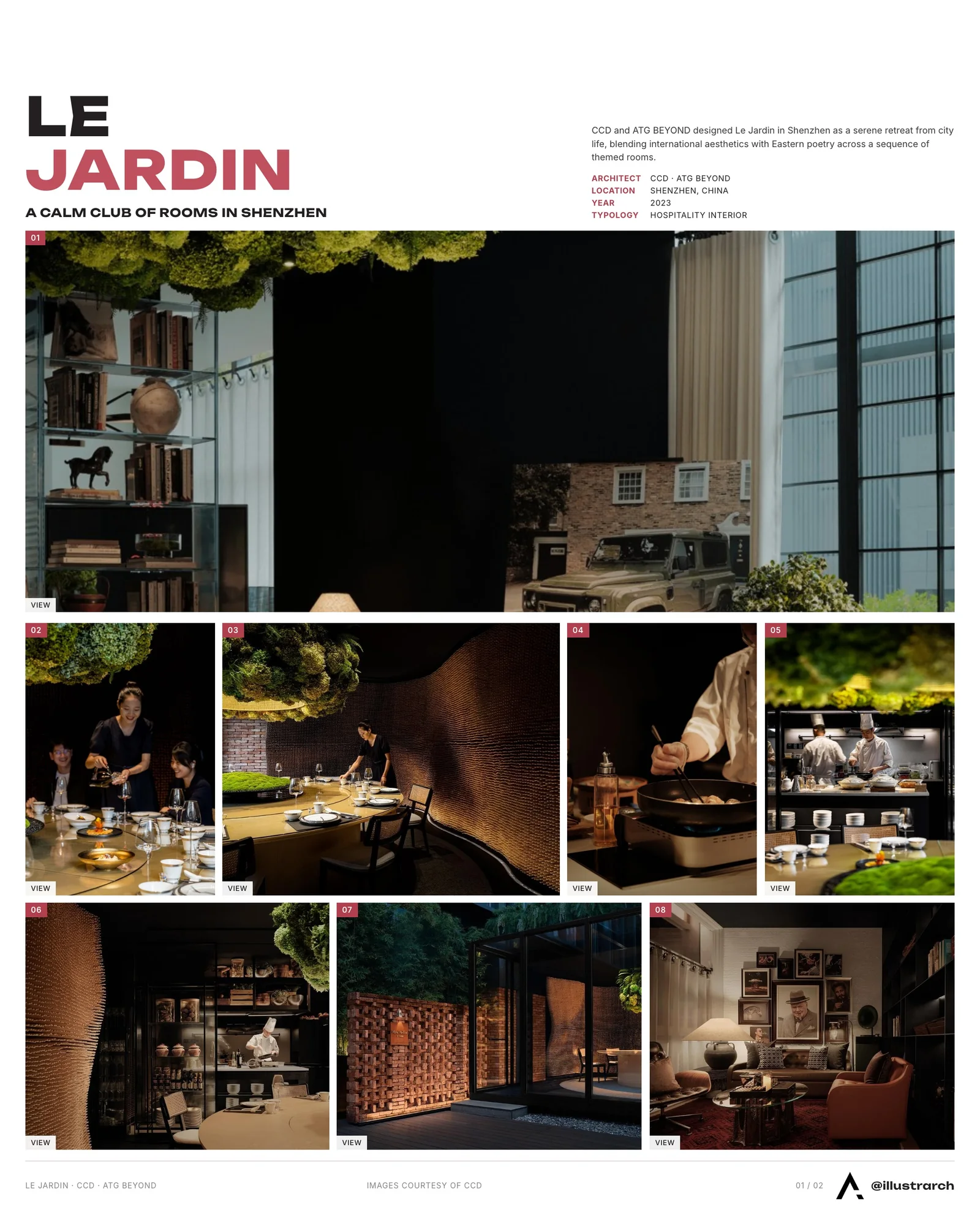 Presentation board cover for Le Jardin, with the lead image, project summary and a grid of photographs and drawings