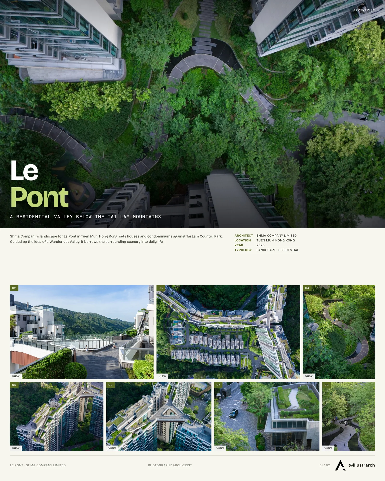 Presentation board cover for Le Pont Residential Development by Shma Company Limited, with the lead image, project summary and a grid of photographs and drawings