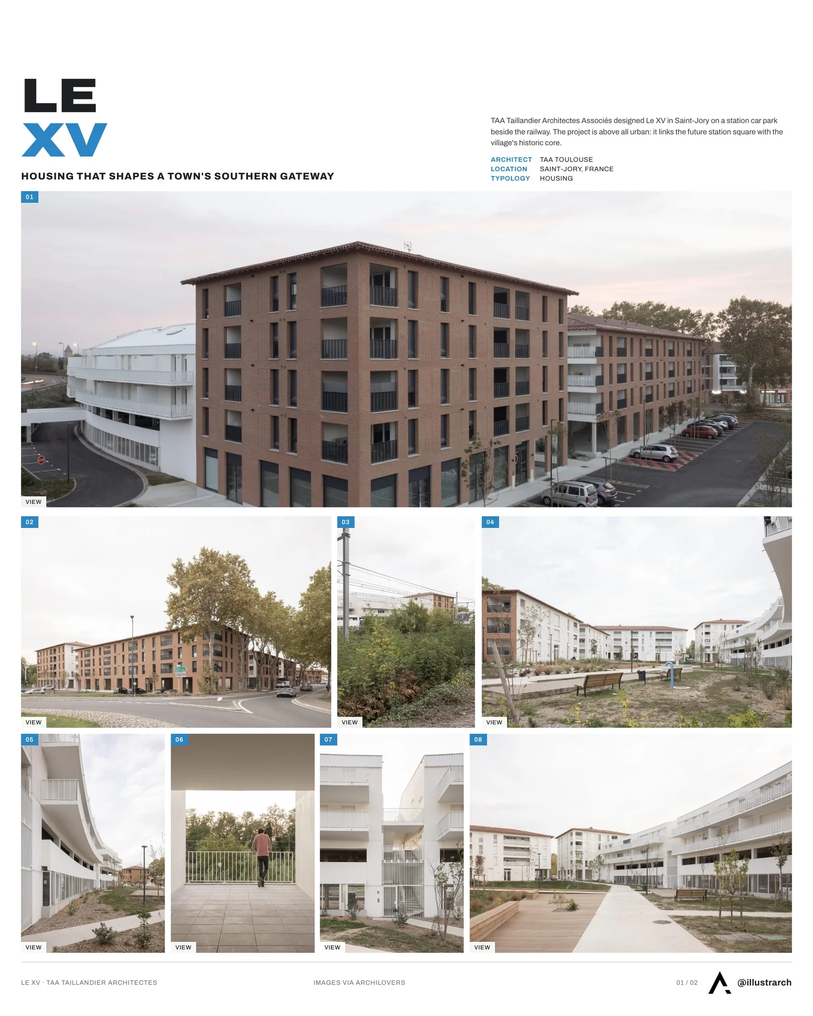 Presentation board cover for Le XV: An Urban Revitalization at the Southern Gateway, with the lead image, project summary and a grid of photographs and drawings