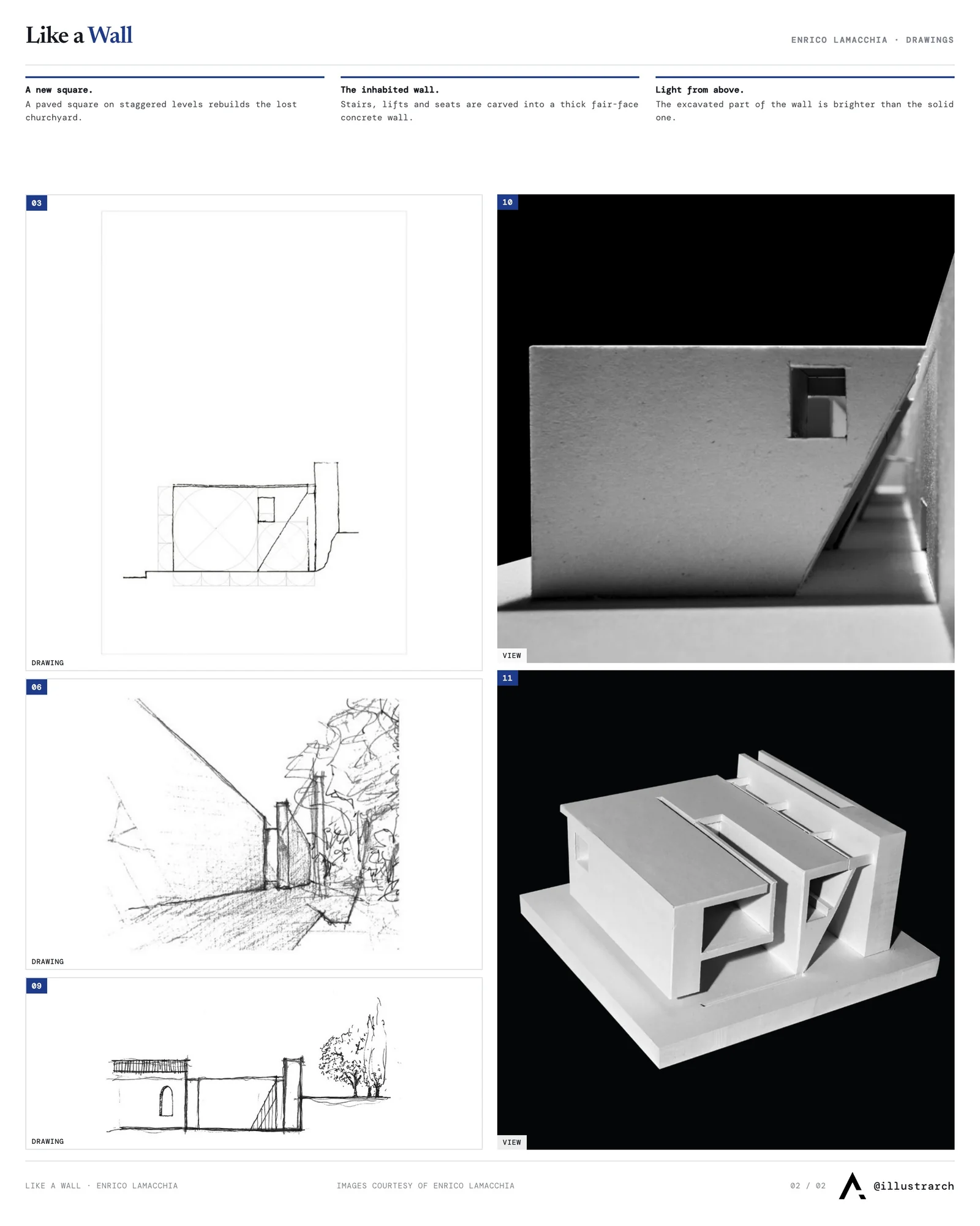 Second presentation board sheet for Like a Wall, laying out the project drawings and images on one page