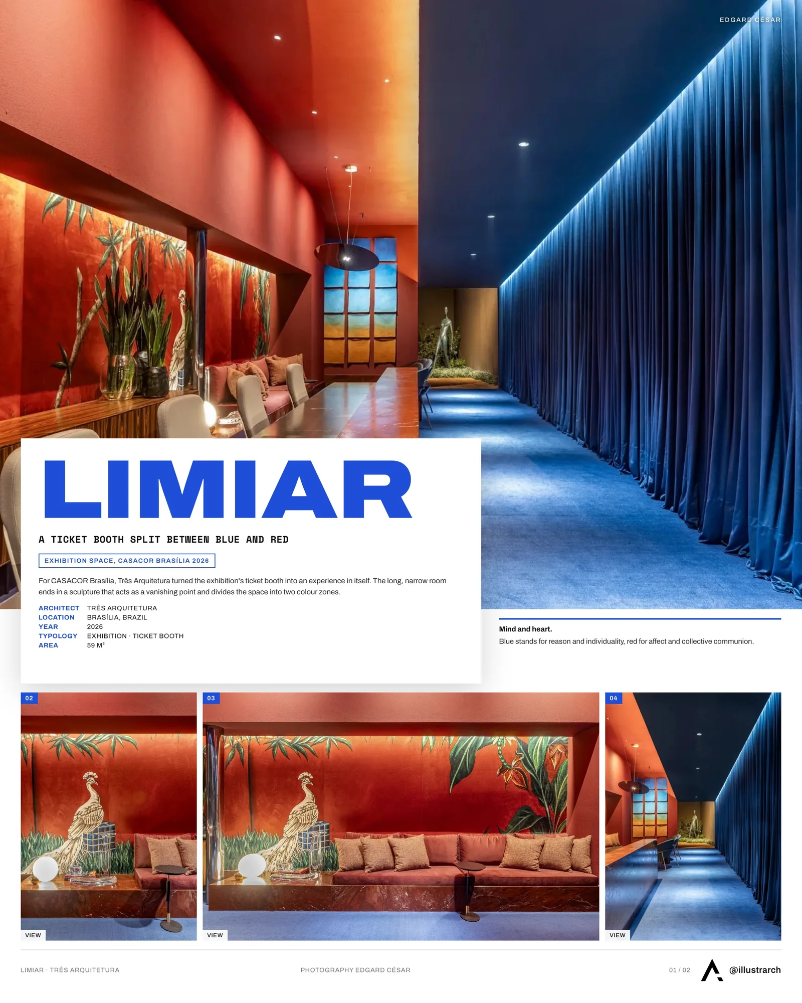 Presentation board cover for Limiar by Três Arquitetura, with the lead image, project summary and a grid of photographs and drawings