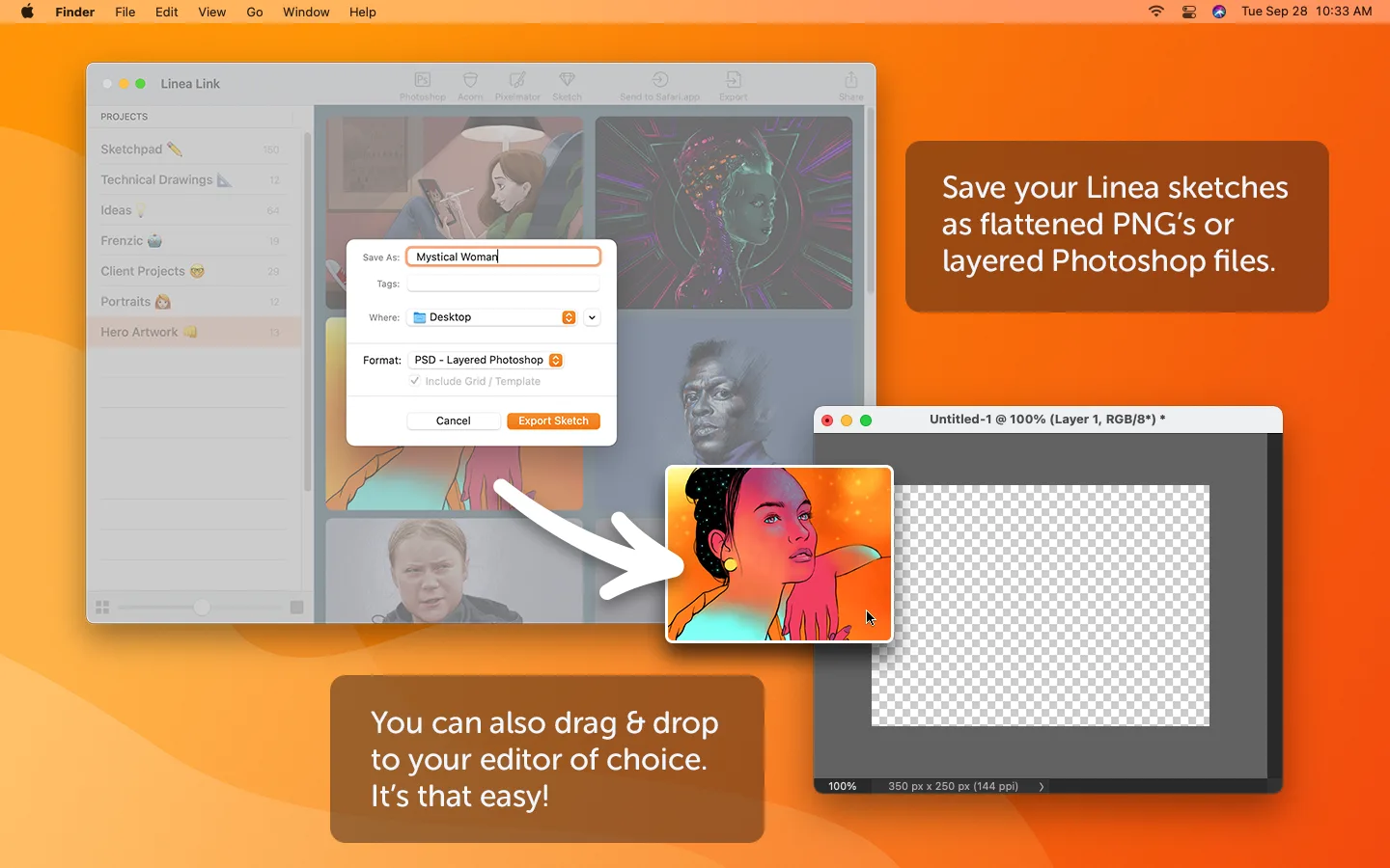 Linea Link Mac export dialog saving a sketch as a layered Photoshop file, with drag and drop into an image editor