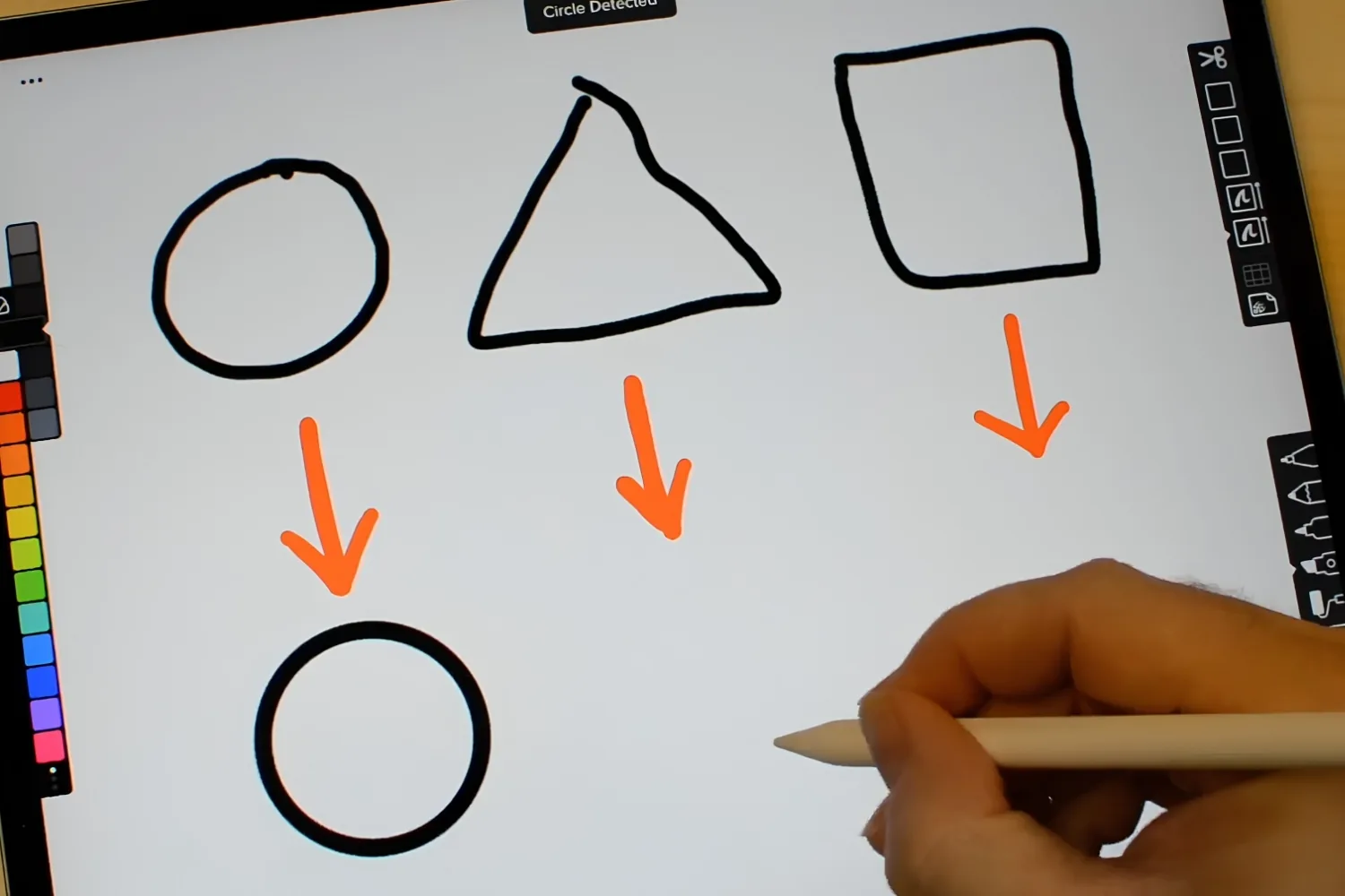 Apple Pencil on an iPad in Linea Sketch, where ZipShapes snaps a rough circle into a clean one