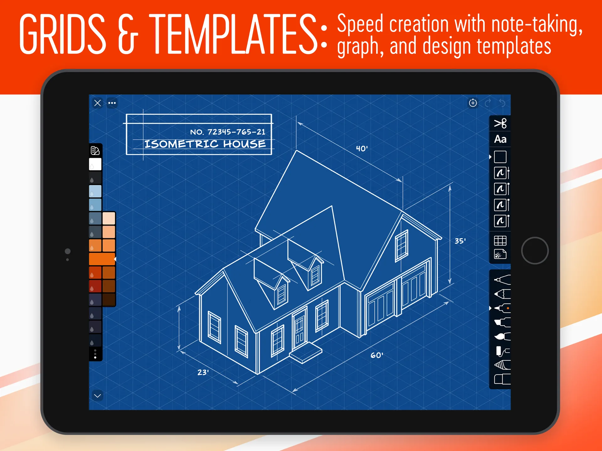 Linea Sketch on iPad with an isometric house drawn over a blueprint grid template, labeled Grids and Templates