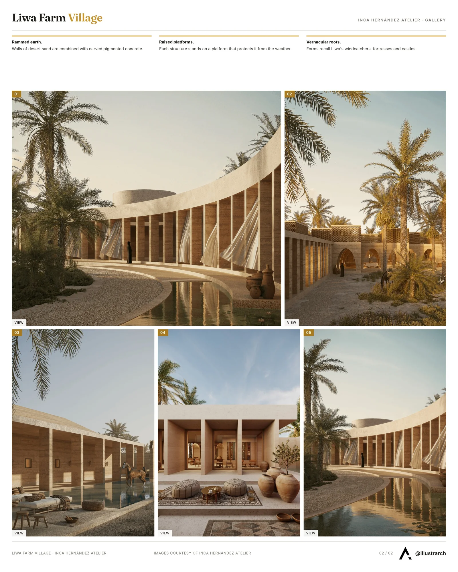Second presentation board sheet for Liwa Farm Village by Inca Hernández, laying out the project drawings and images on one page