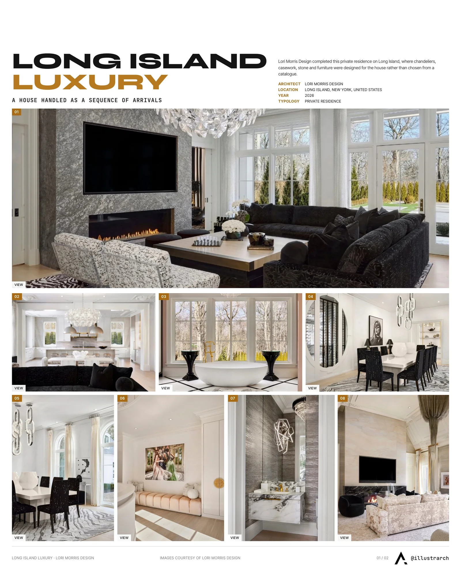 Presentation board cover for Long Island Luxury by Lori Morris, with the lead image, project summary and a grid of photographs and drawings