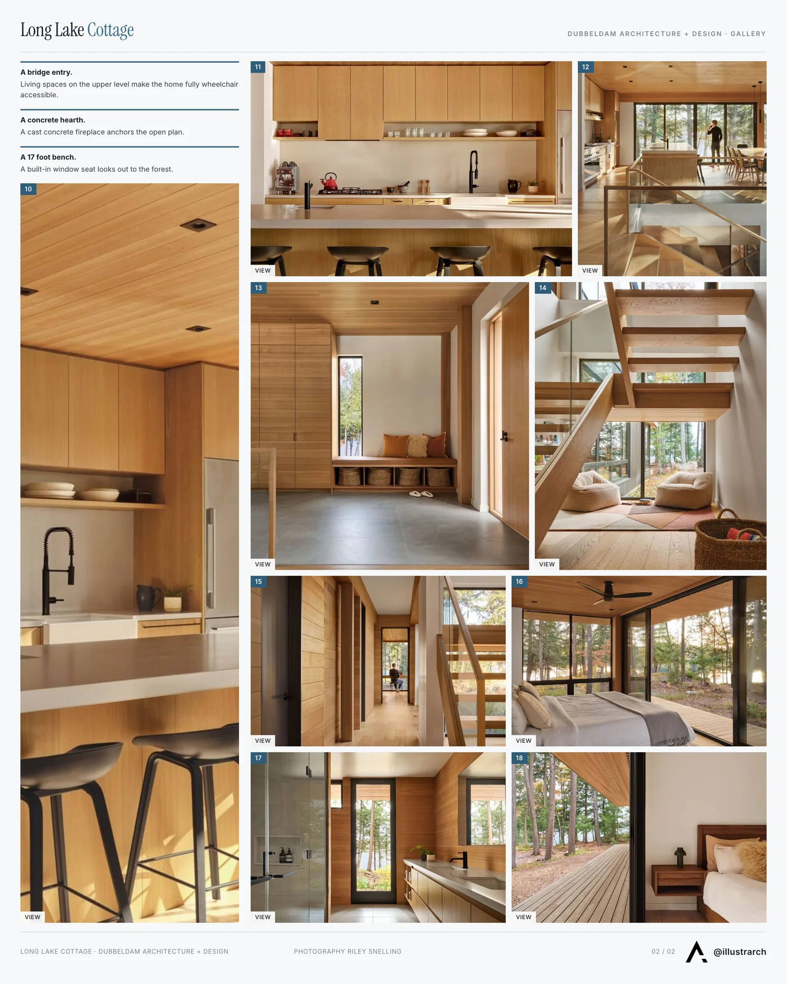 Second presentation board sheet for Long Lake Cottage by Dubbeldam Architecture & Design, laying out the project drawings and images on one page