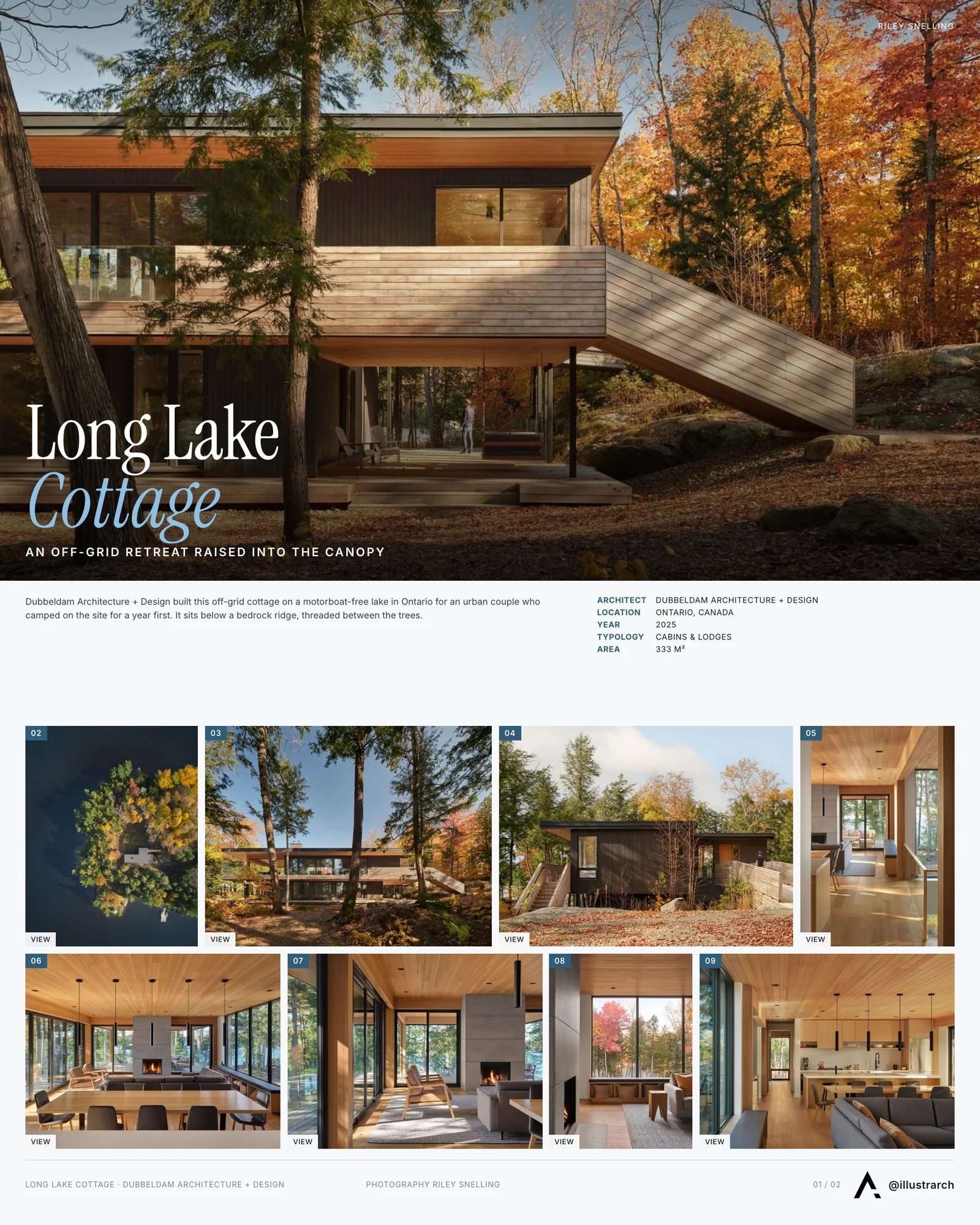 Presentation board cover for Long Lake Cottage by Dubbeldam Architecture & Design, with the lead image, project summary and a grid of photographs and drawings