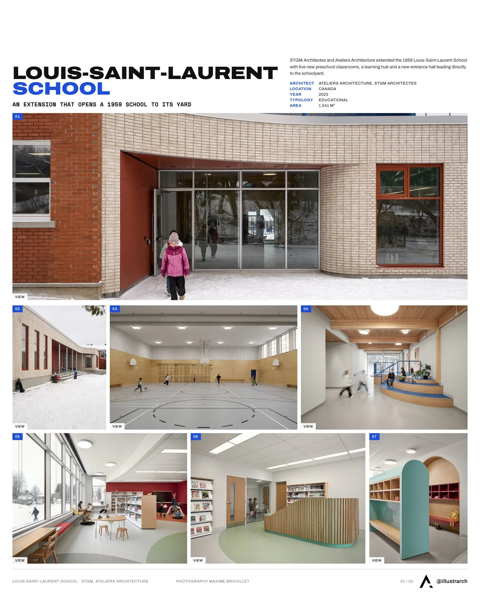 Presentation board cover for Louis-Saint-Laurent School by STGM Architectes & Ateliers Architecture, with the lead image, project summary and a grid of photographs and drawings