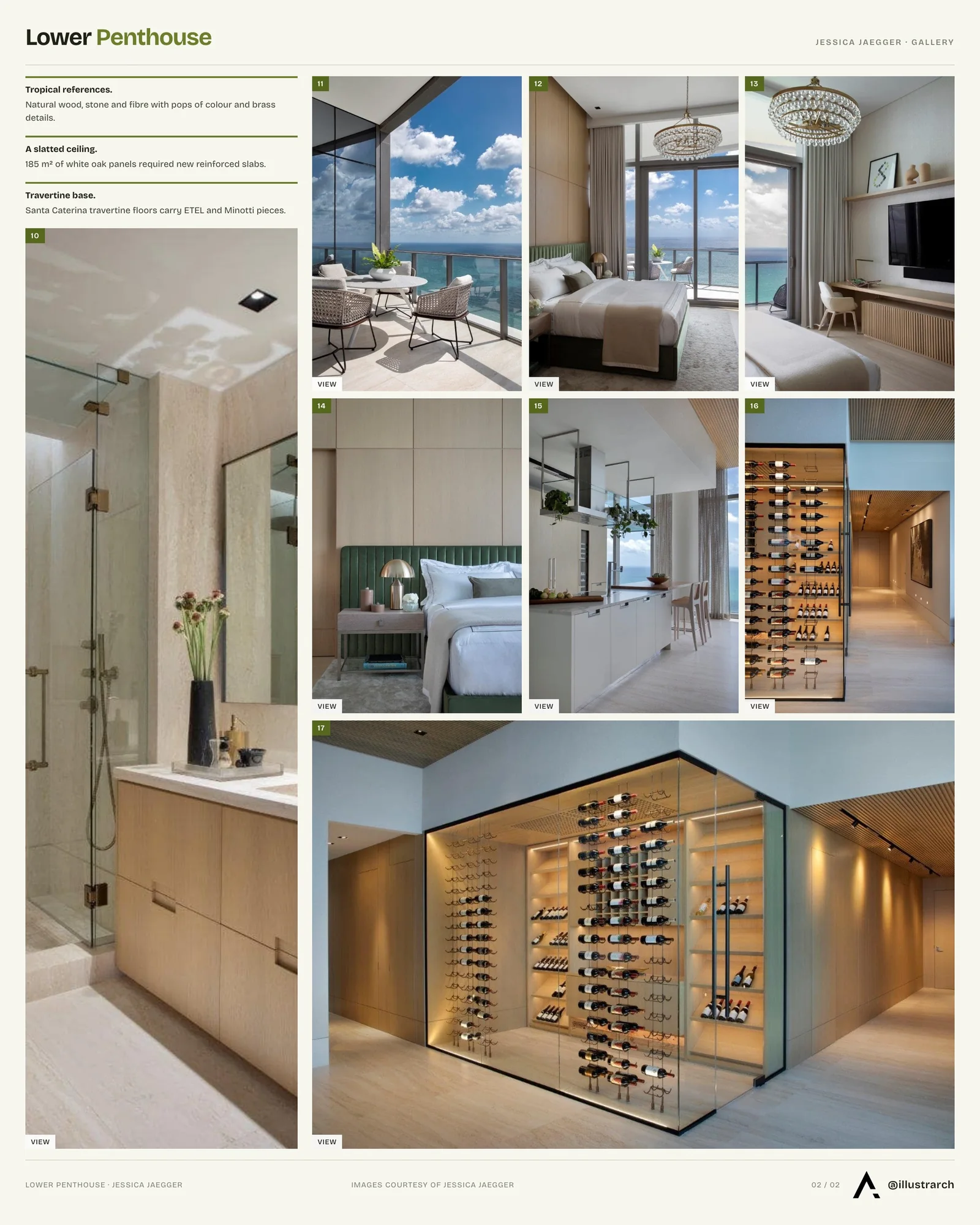 Second presentation board sheet for Lower Penthouse by Jessica Jaegger: Blends Tropical Design and Sophistication, laying out the project drawings and images on one page
