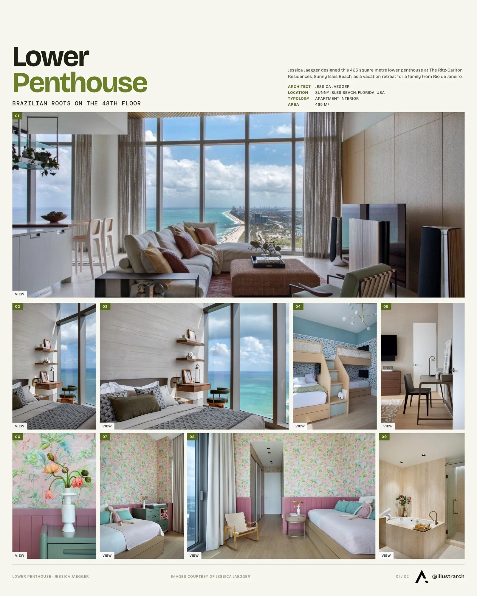 Presentation board cover for Lower Penthouse by Jessica Jaegger: Blends Tropical Design and Sophistication, with the lead image, project summary and a grid of photographs and drawings