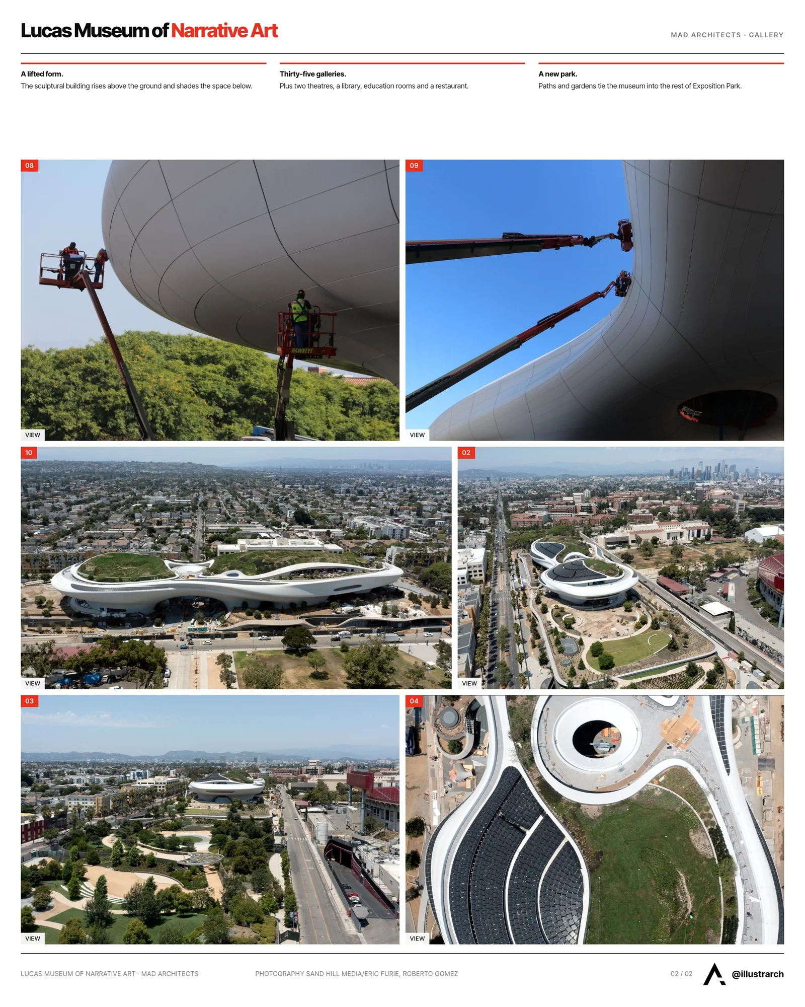 Second presentation board sheet for Lucas Museum of Narrative Art to Open in Los Angeles in September 2026, laying out the project drawings and images on one page
