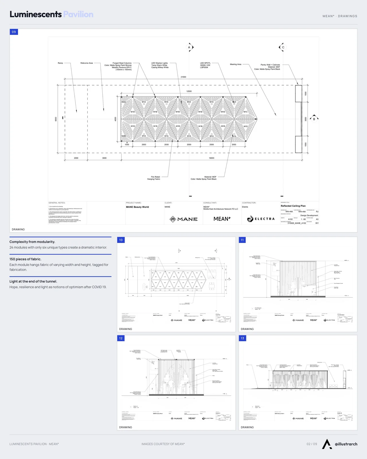 Presentation board page with line plans and elevation drawings of a timber pavilion structure, as a technical project sheet