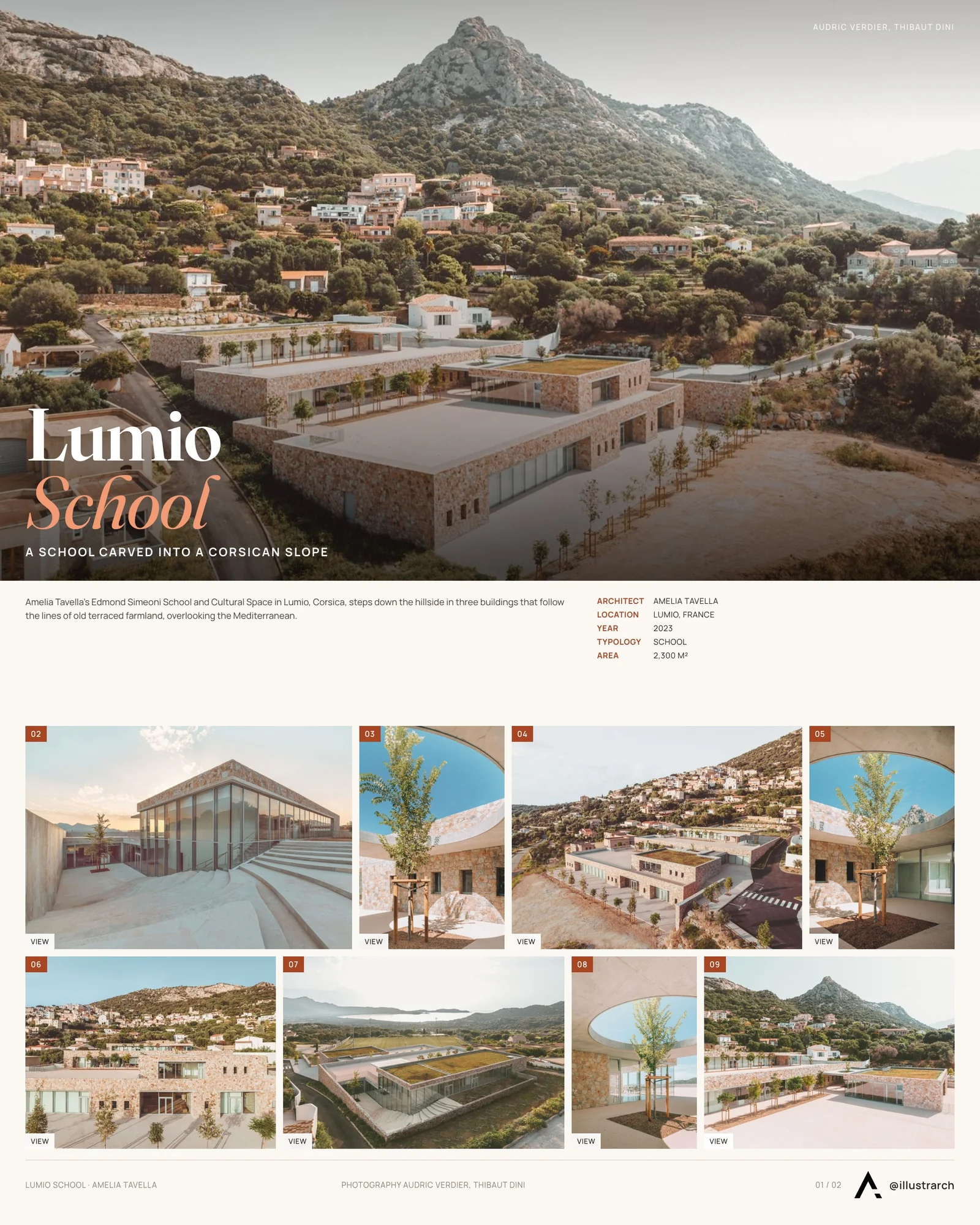 Presentation board cover for Lumio School by Amelia Tavella, with the lead image, project summary and a grid of photographs and drawings