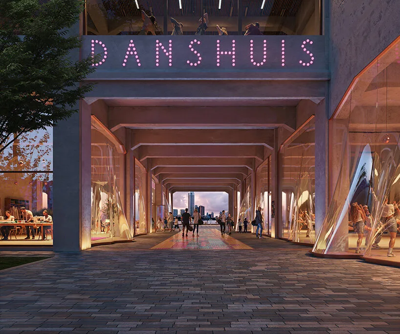 Rendering of the covered ground floor passage beneath the illuminated DANSHUIS lettering, lined with a cafe and glazed studios