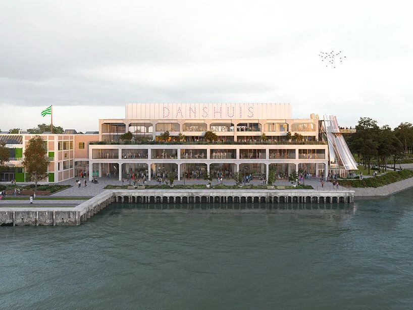 Rendering of the Rotterdam warehouse dance center seen from the River Maas, with the restored 1923 facade and a rooftop pavilion