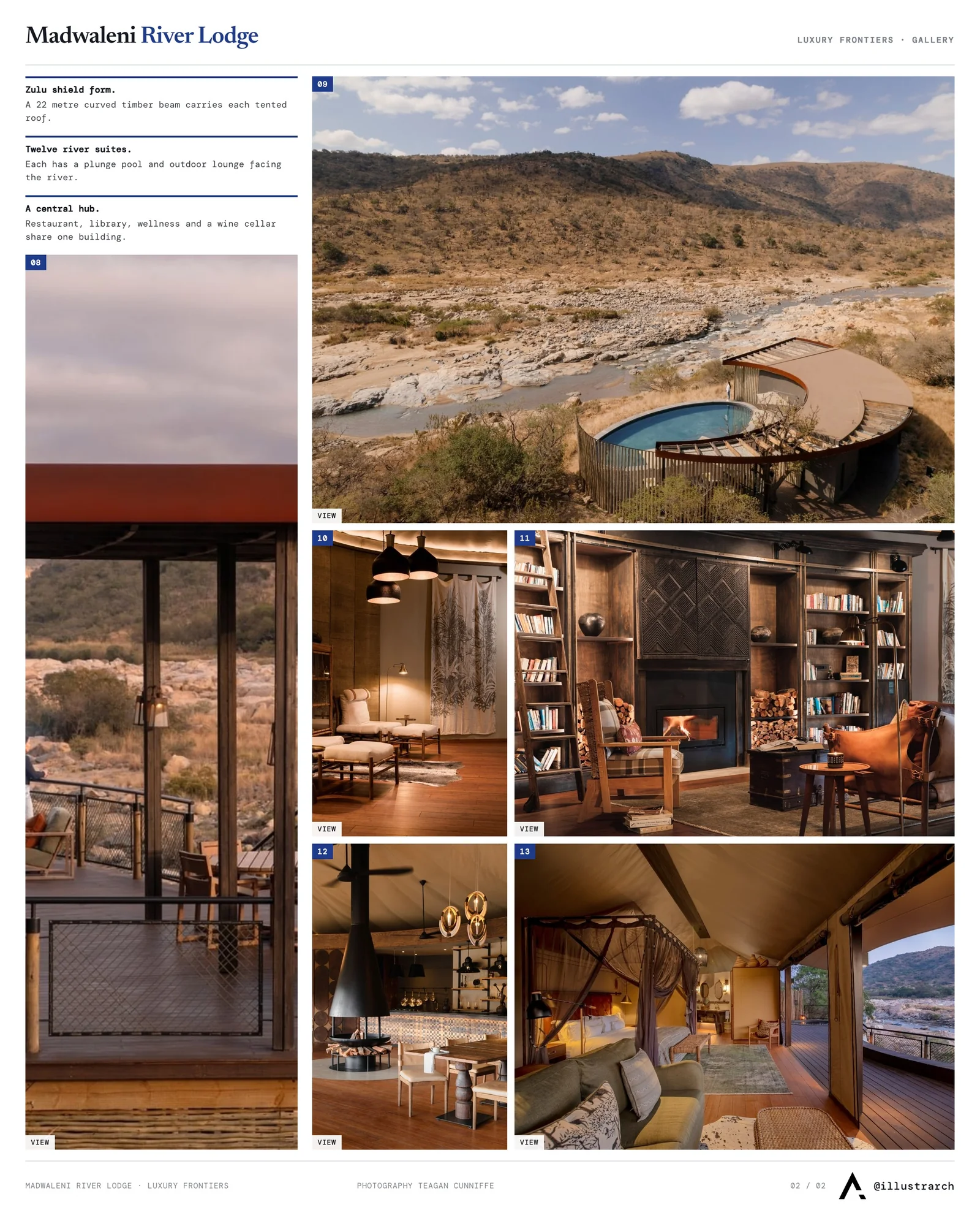 Second presentation board sheet for Madwaleni River Lodge by Luxury Frontiers, laying out the project drawings and images on one page
