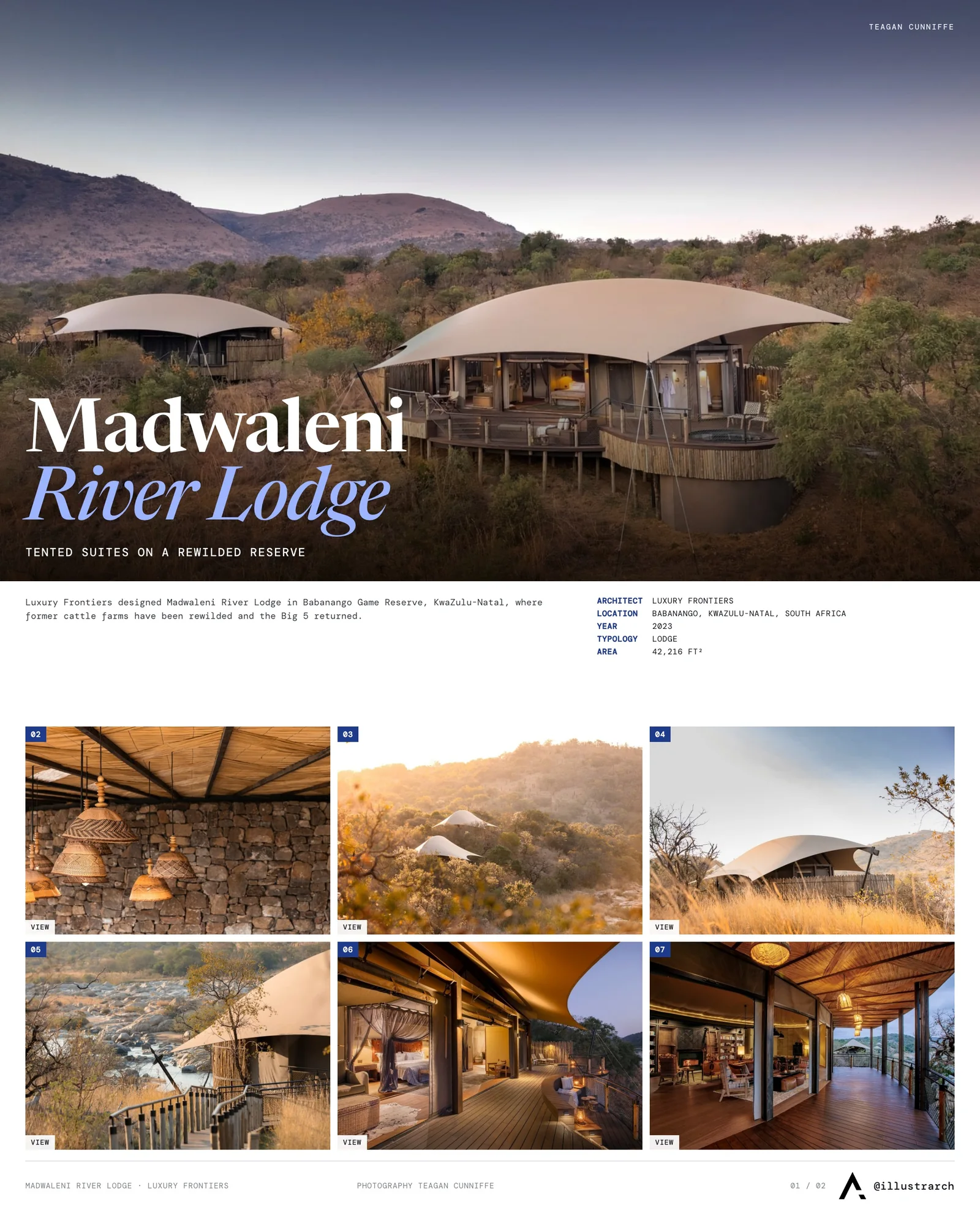 Presentation board cover for Madwaleni River Lodge by Luxury Frontiers, with the lead image, project summary and a grid of photographs and drawings