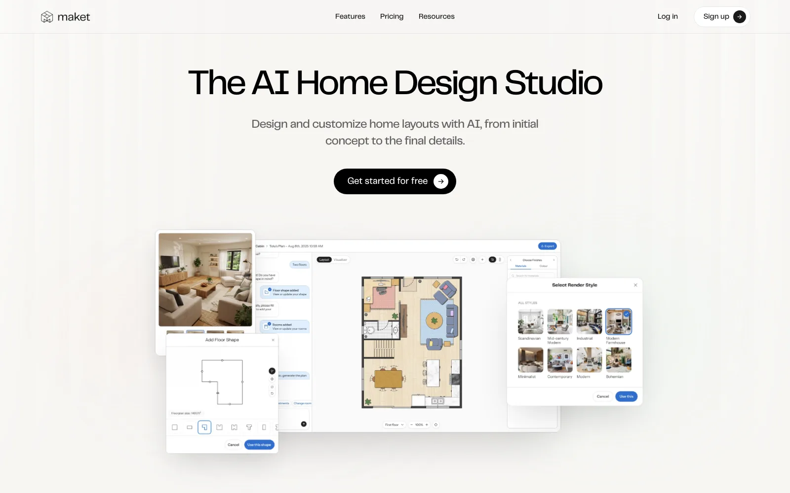 Maket.ai homepage with its AI floor plan editor, a furnished apartment layout and a render style picker