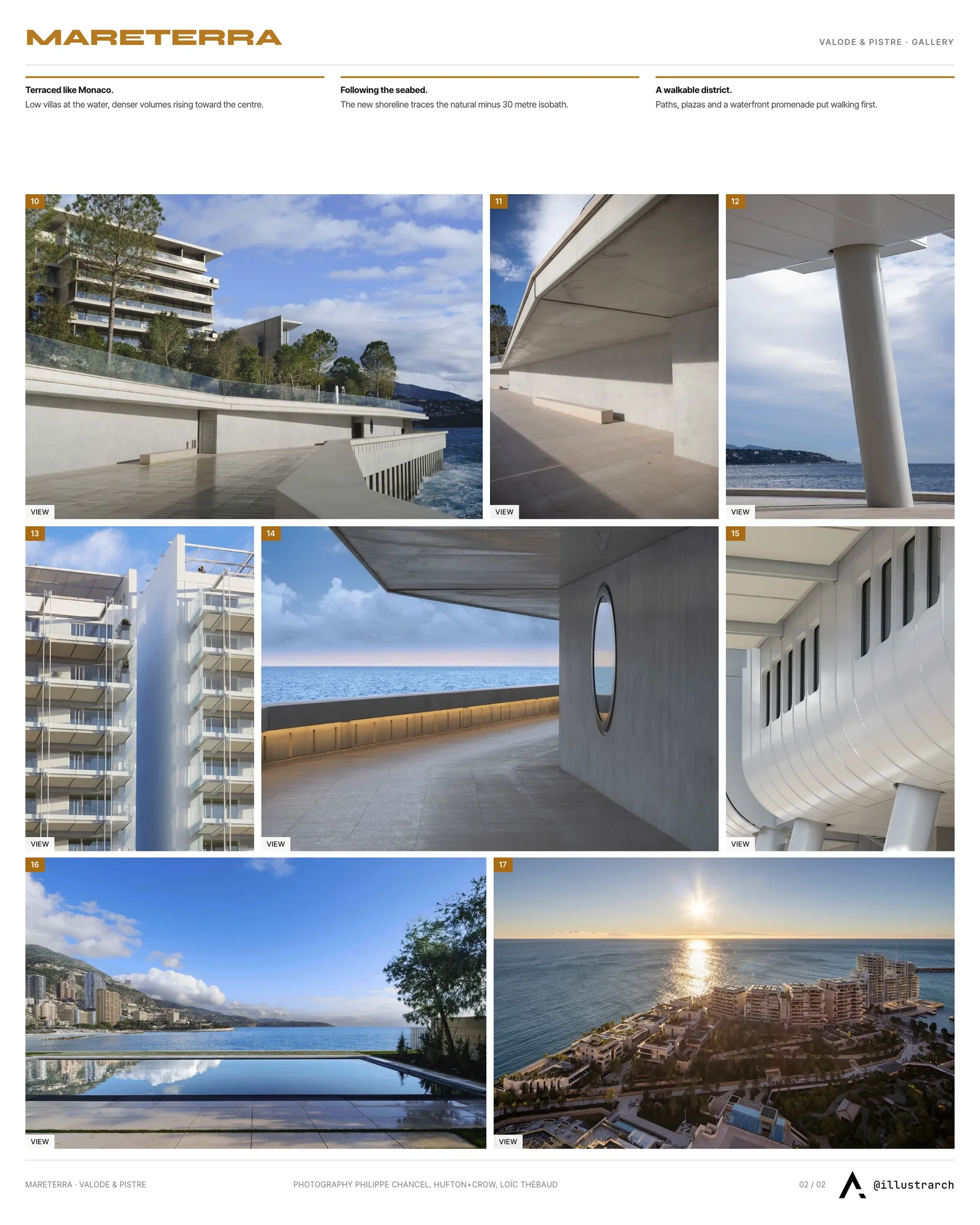 Second presentation board sheet for Mareterra Monaco Complex by Valode & Pistre, laying out the project drawings and images on one page