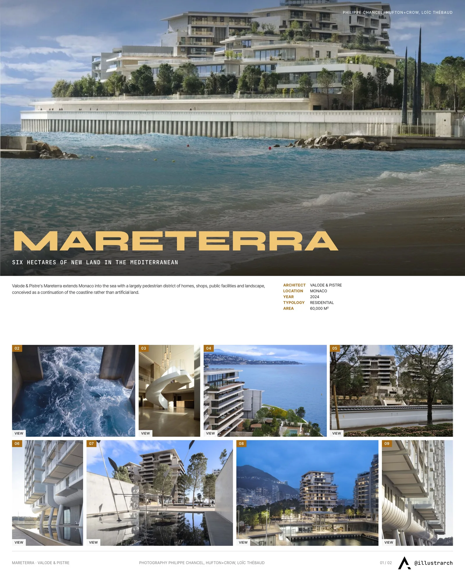 Presentation board cover for Mareterra Monaco Complex by Valode & Pistre, with the lead image, project summary and a grid of photographs and drawings