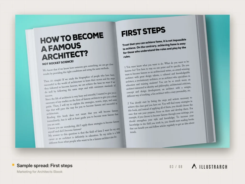 Marketing for Architects Ebook Ultimate Guide: sample spread first steps