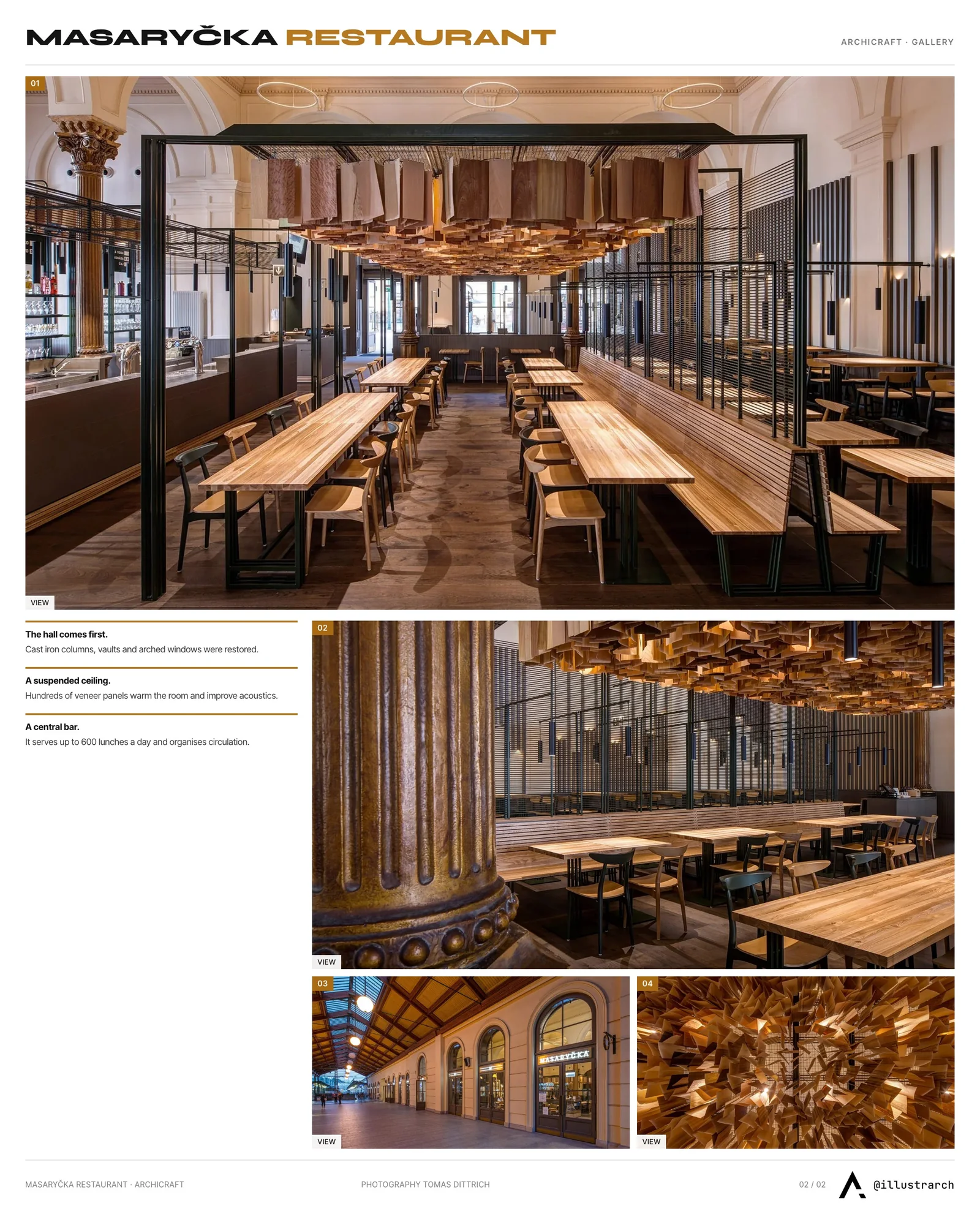 Second presentation board sheet for Masaryčka Restaurant by archicraft, laying out the project drawings and images on one page