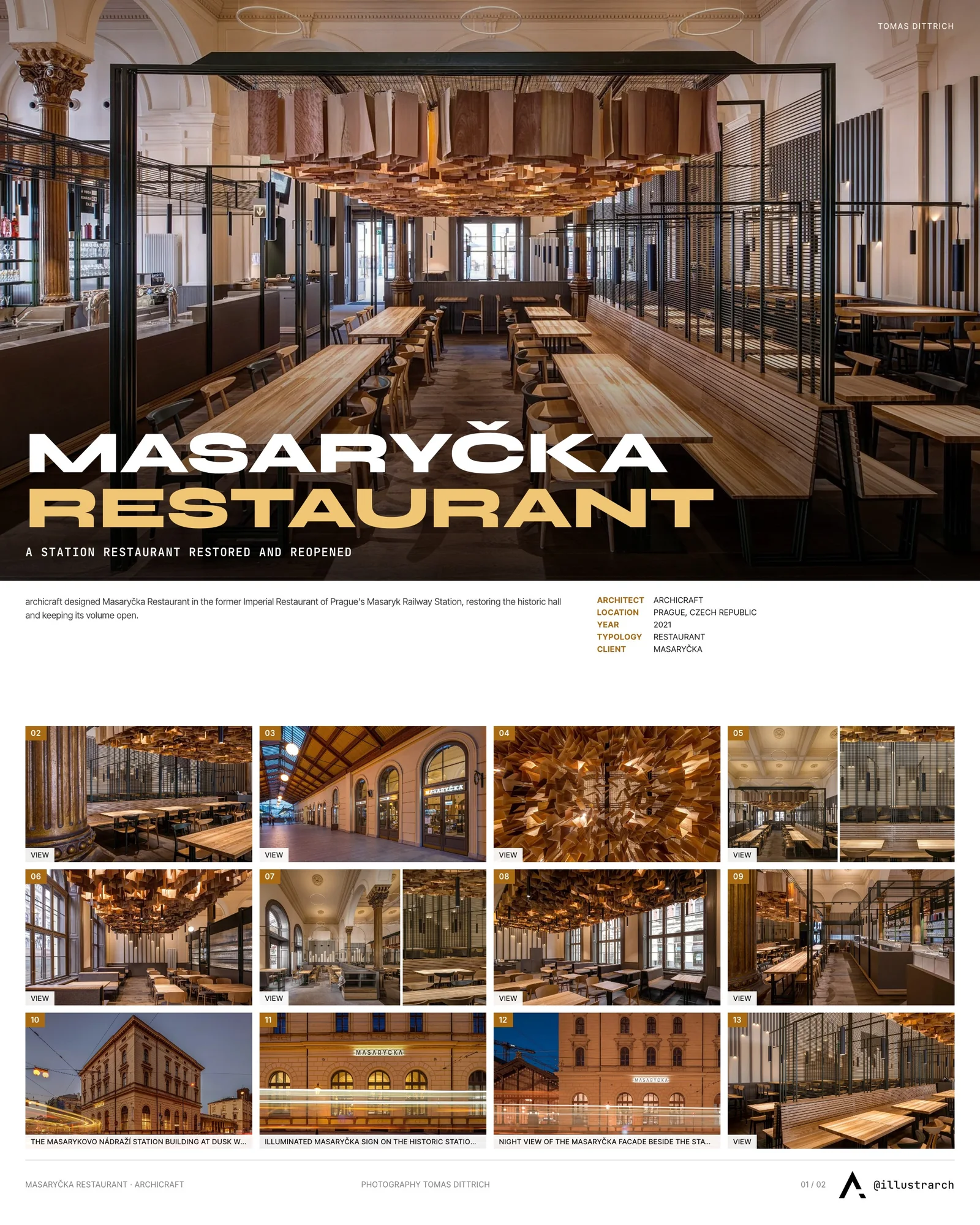 Presentation board cover for Masaryčka Restaurant by archicraft, with the lead image, project summary and a grid of photographs and drawings