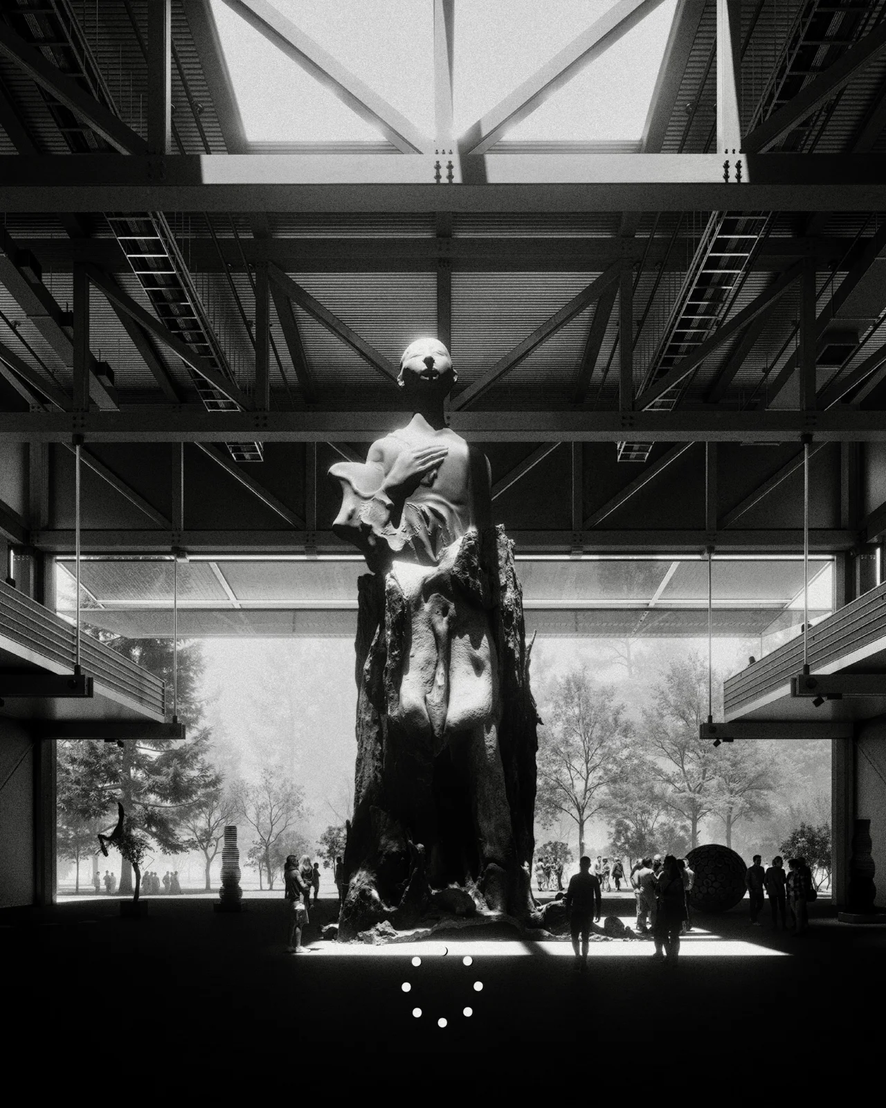 Dramatic black and white interior render with a statue, steel trusses and silhouetted people, with a strong camera angle