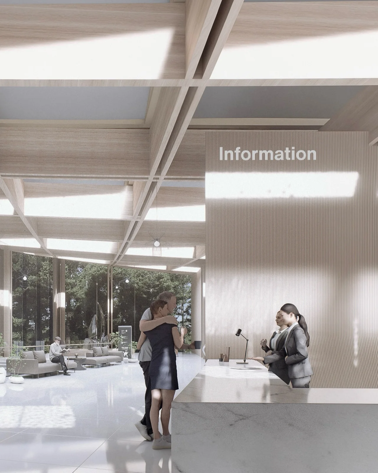 Interior render of an information desk lobby with wood beam ceiling and people, with believable wood materials