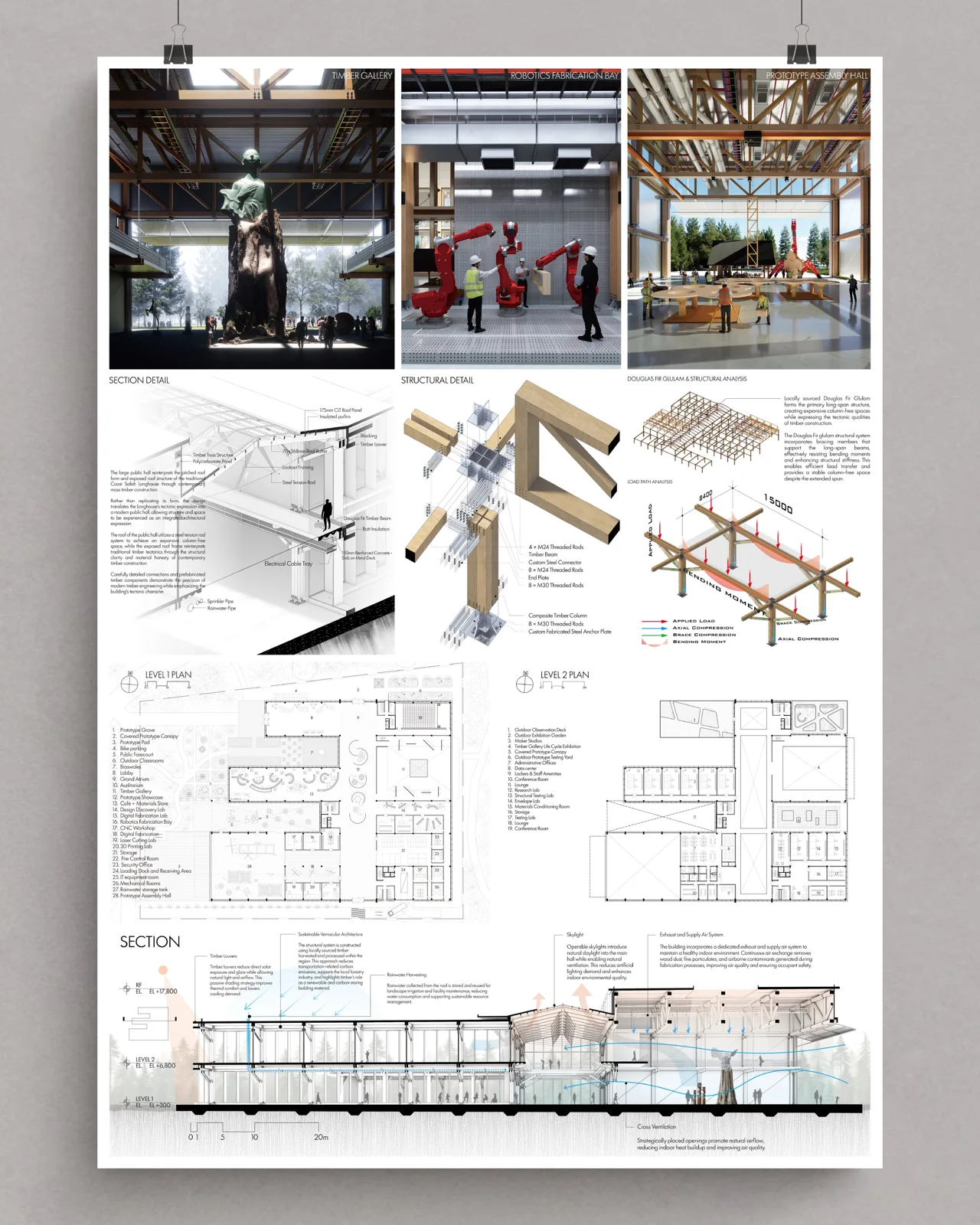 Board with construction detail axonometrics above a floor plan and section