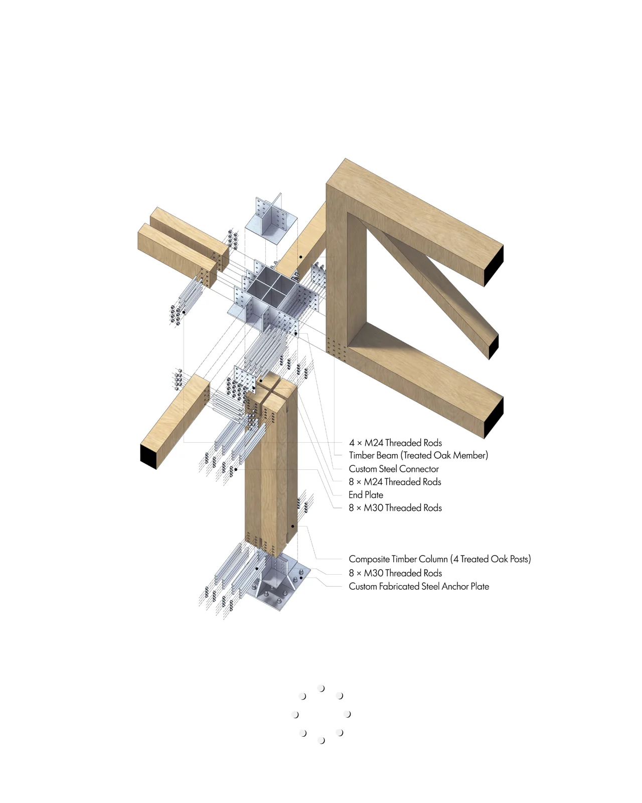 Technical axonometric diagram of a timber beam connection detail, as a structural connection detail