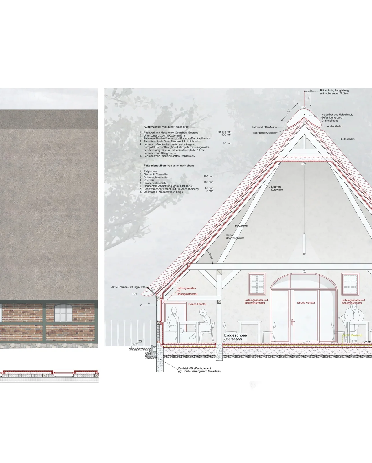 Facade and section technical drawing with red highlighted construction elements