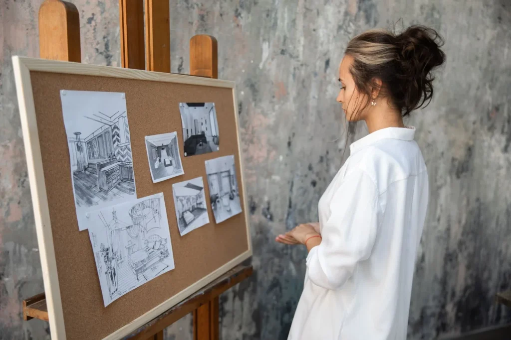 Designer reviewing interior sketches pinned to a corkboard on an easel, the first draft of an architectural presentation