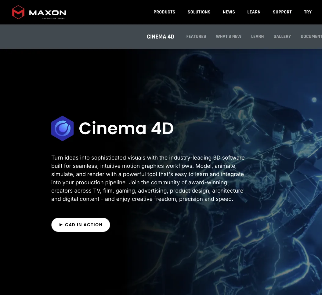Maxon Cinema 4D product page with the C4D logo and a summary of its modeling, animation and render tools