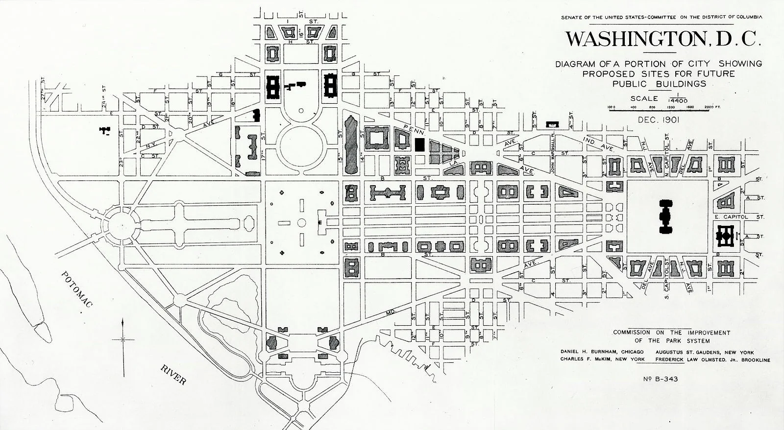 McMillan Plan diagram (1901), Washington, D.C., USA, showing the Mall and proposed sites for public buildings