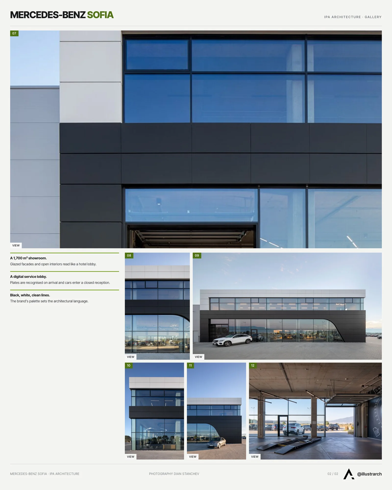 Second presentation board sheet for Mercedes Benz Showroom by IPA - Architecture and more, laying out the project drawings and images on one page