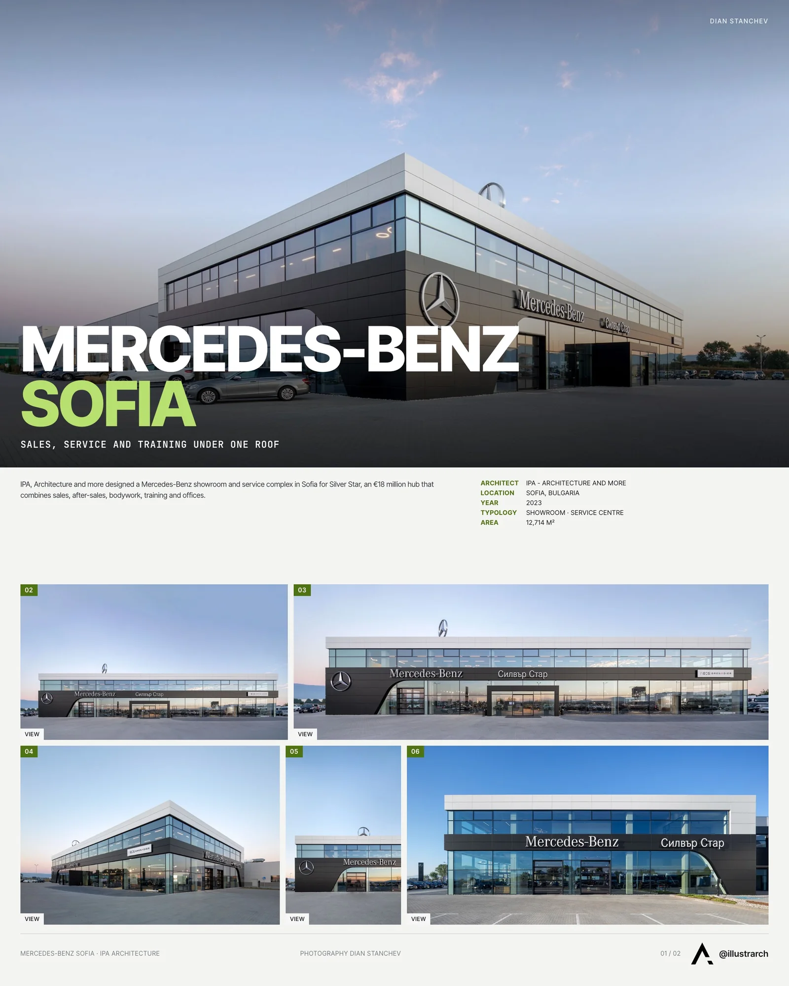 Presentation board cover for Mercedes Benz Showroom by IPA - Architecture and more, with the lead image, project summary and a grid of photographs and drawings