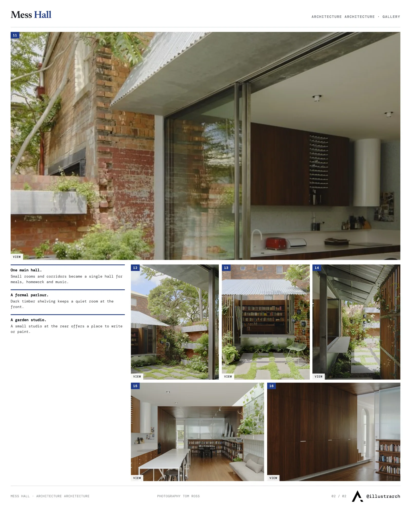 Second presentation board sheet for Mess Hall by Architecture Architecture, laying out the project drawings and images on one page