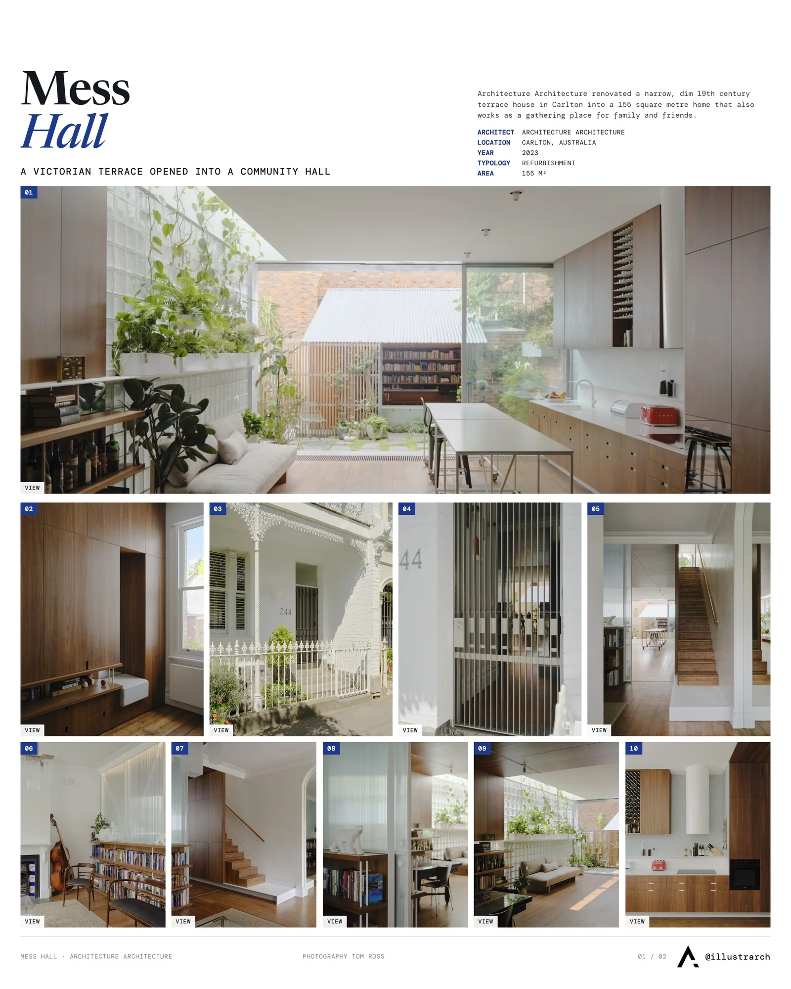 Presentation board cover for Mess Hall by Architecture Architecture, with the lead image, project summary and a grid of photographs and drawings